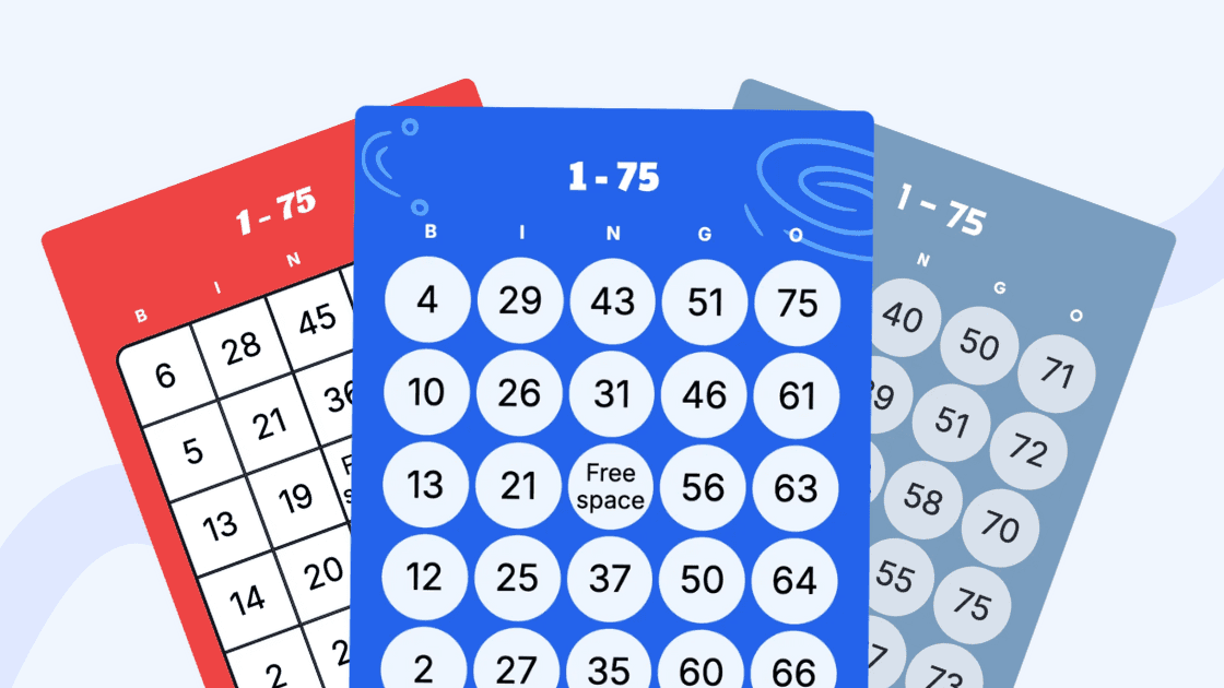 Three randomized 1-75 bingo cards with BINGO columns and a center free space